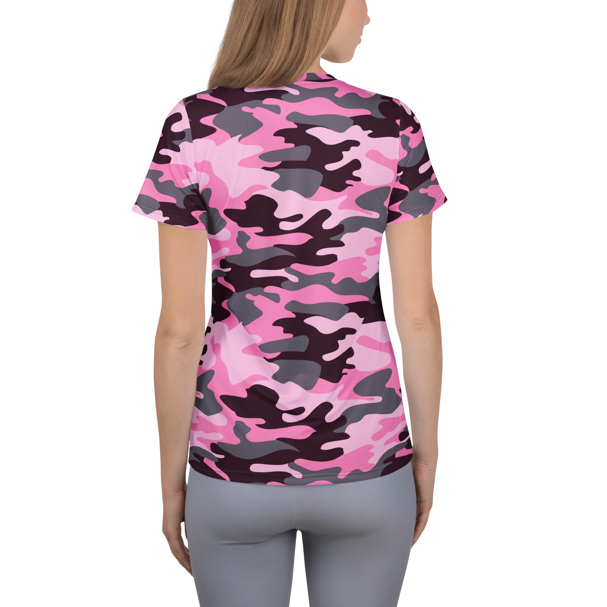 Women’s lightweight pink and gray camouflage performance athletic t-shirt with moisture wicking and upf 50 plus protection