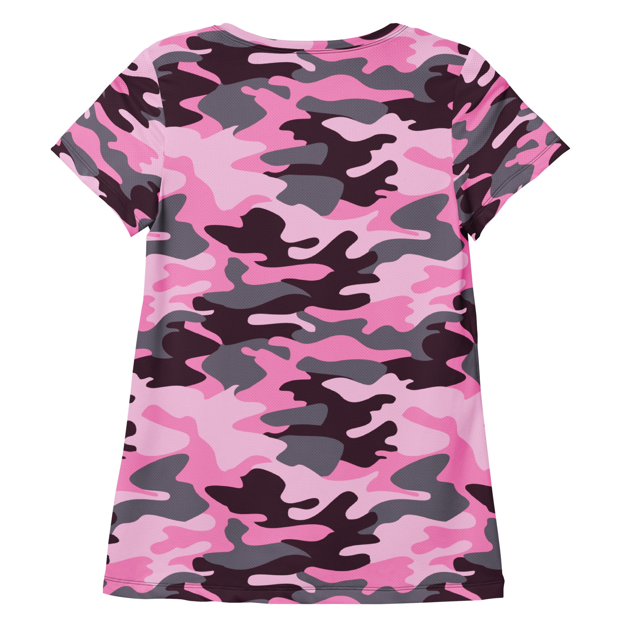 Women’s pink gray and black camouflage performance athletic t-shirt with moisture wicking fabric and upf 50+ protection