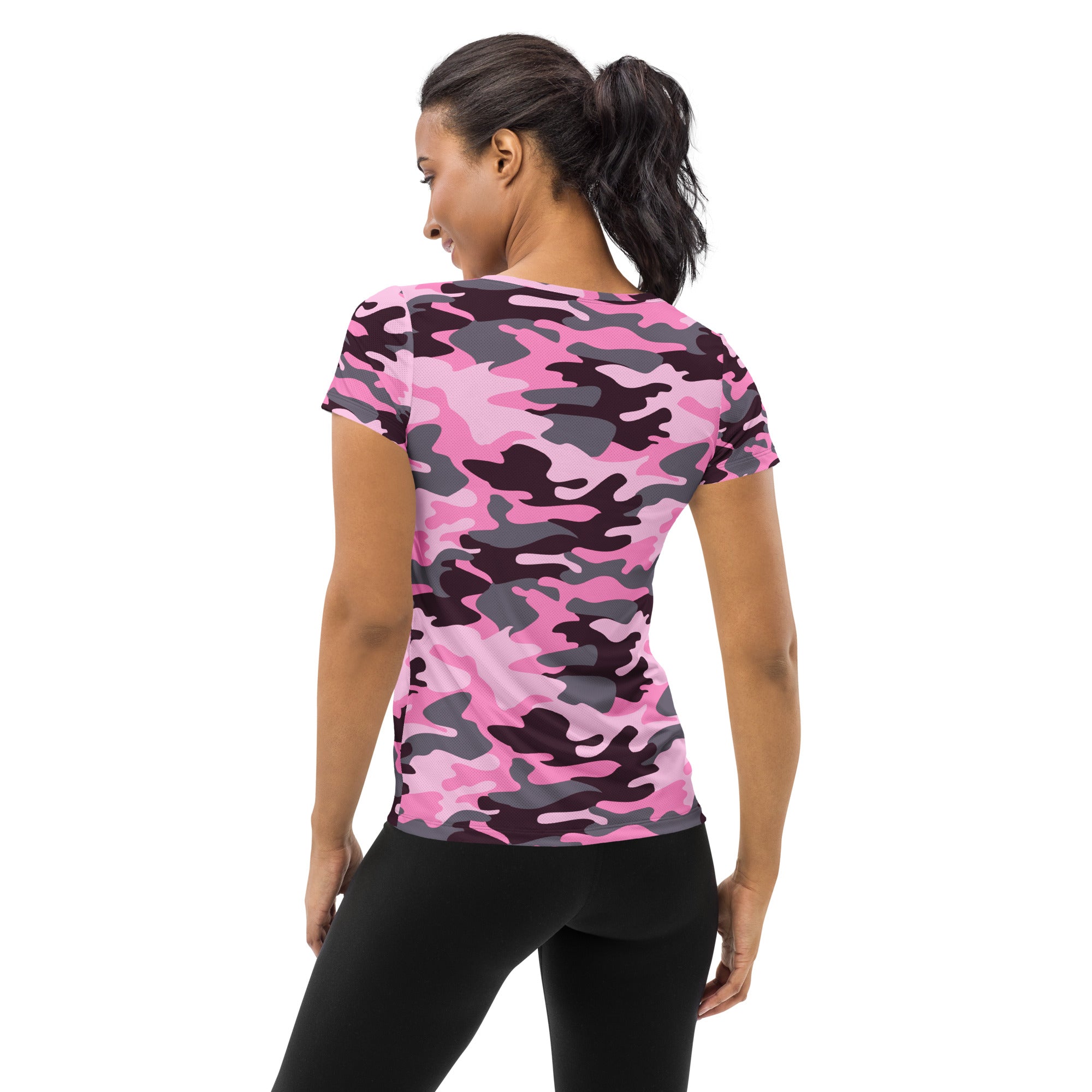 Women’s pink and gray camouflage performance athletic t-shirt with lightweight moisture wicking fabric and upf 50+ protection