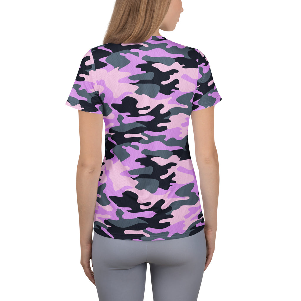 Women’s short-sleeved purple camouflage performance t-shirt with vibrant pink black gray pattern lightweight moisture wicking