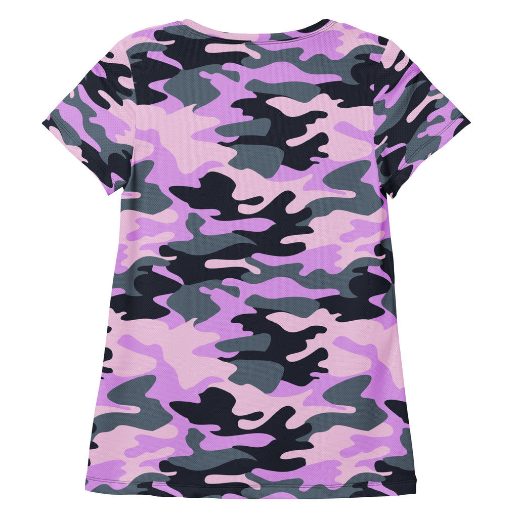 Women’s short-sleeved purple pink black gray camouflage performance athletic t-shirt lightweight moisture wicking with UPF 50+