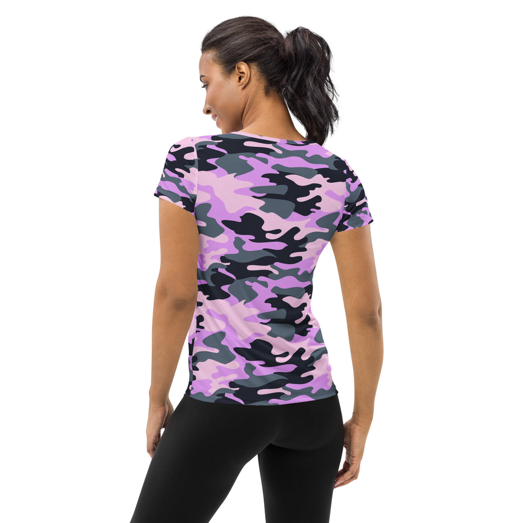 Women’s short-sleeved performance athletic t-shirt in vibrant purple and black camouflage with moisture wicking fabric