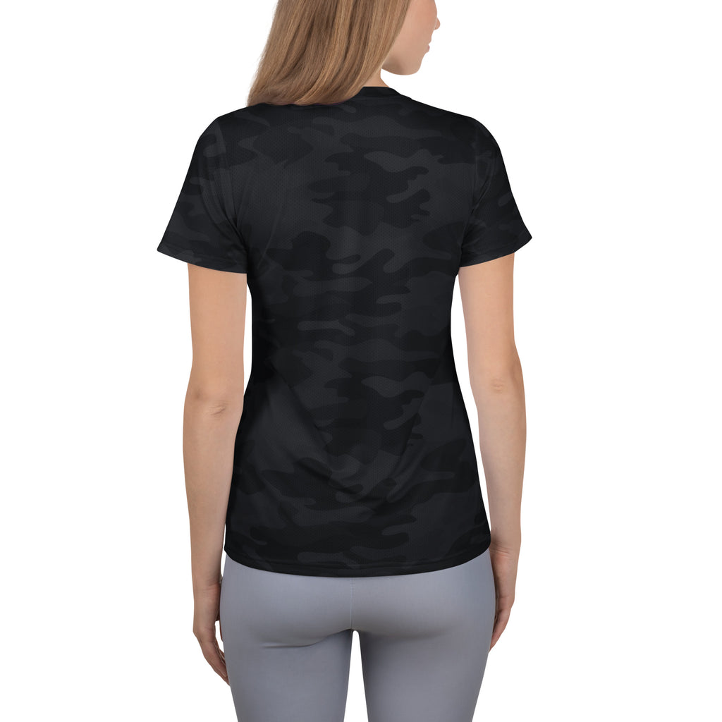 Women’s black short-sleeved performance t-shirt with dark camouflage pattern lightweight moisture wicking workout top