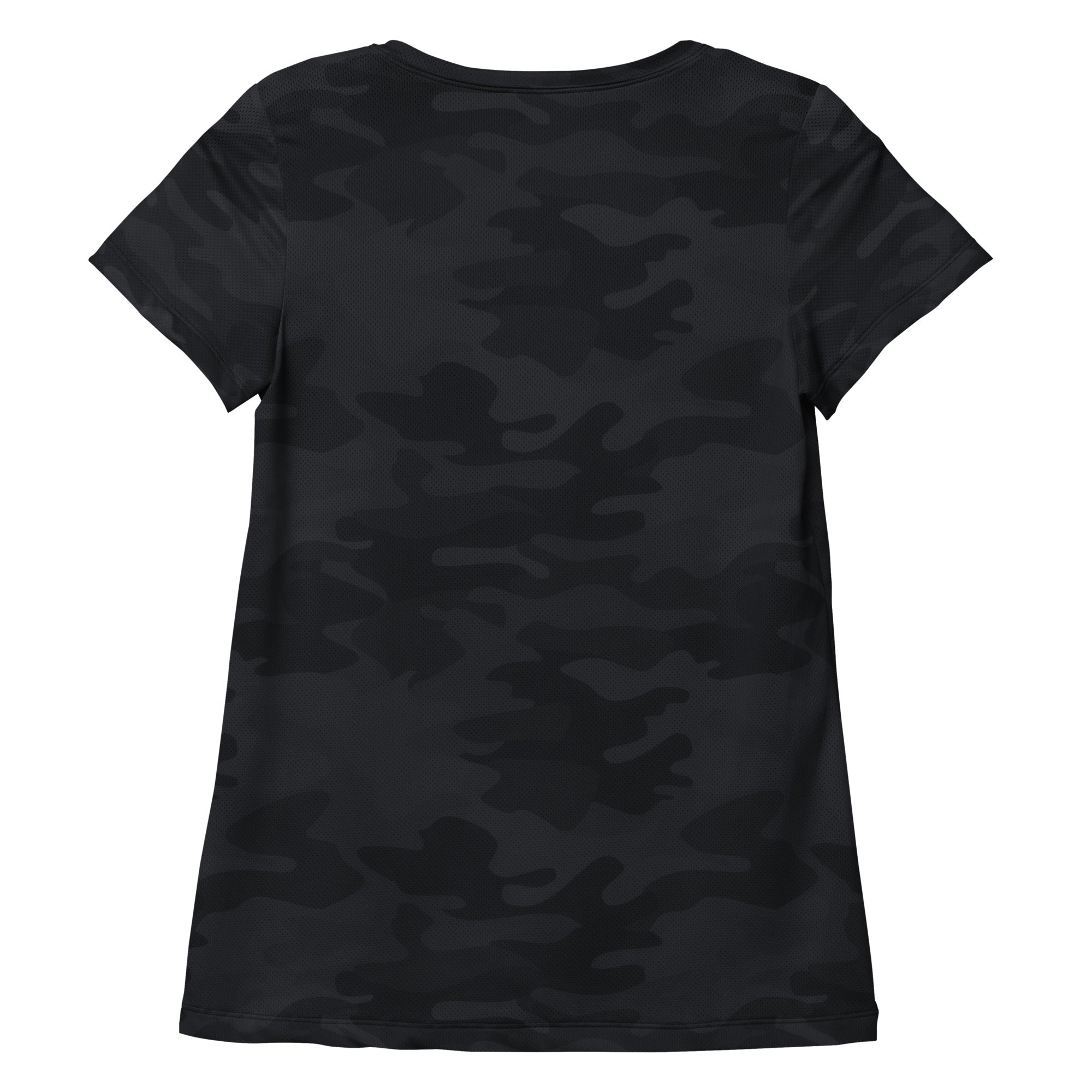 Women’s black camouflage performance athletic t-shirt lightweight moisture wicking workout top with upf 50 plus