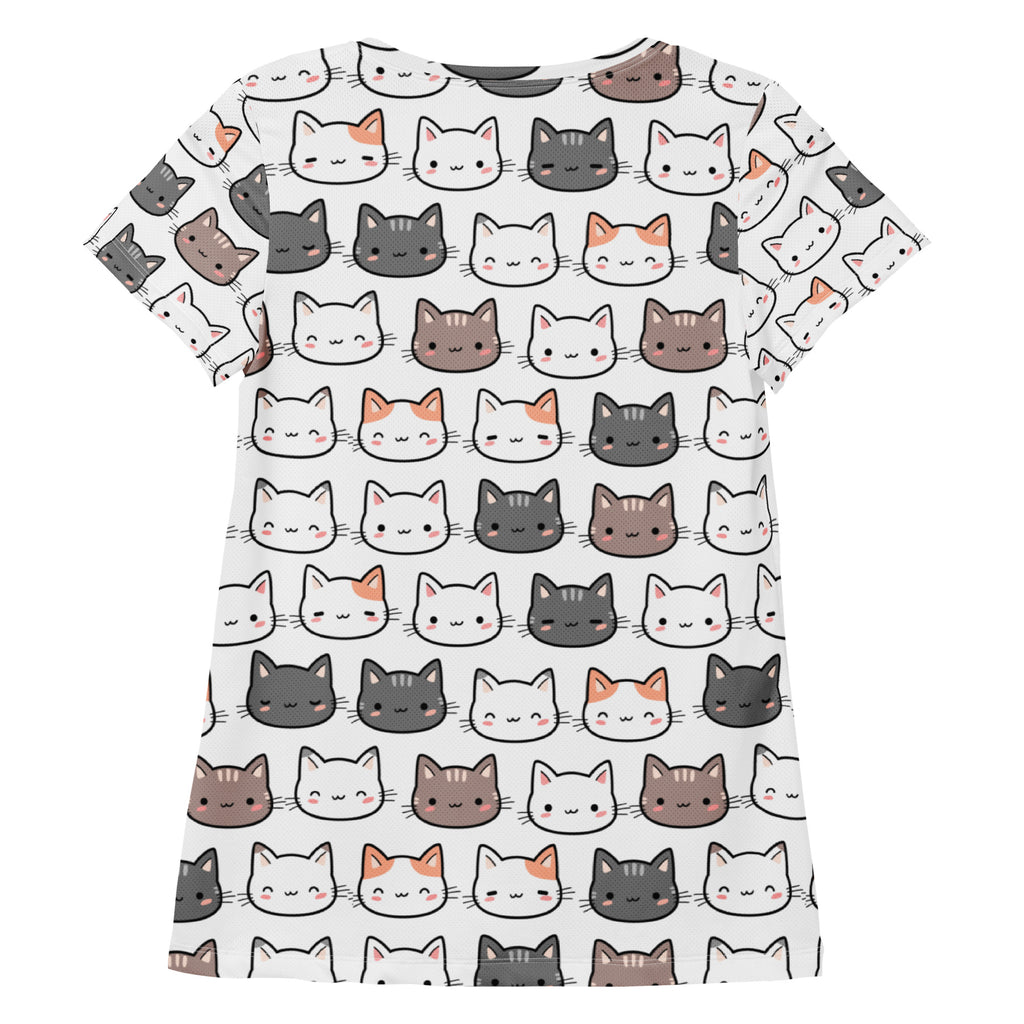 White short-sleeved lightweight moisture wicking athletic t-shirt with colorful cartoon cat pattern and UPF 50 plus protection