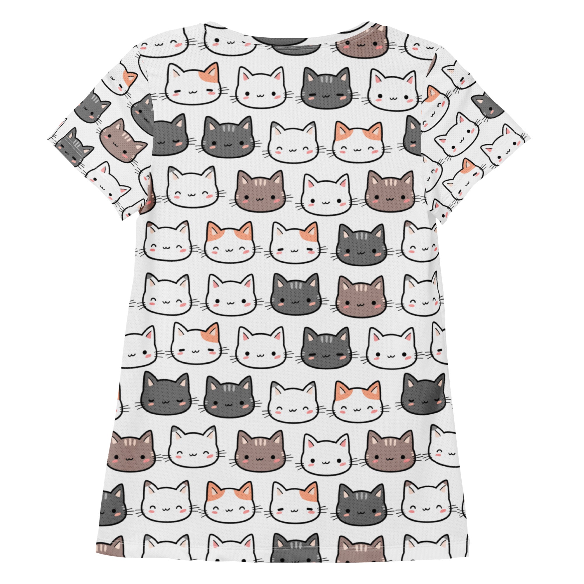 White short-sleeved lightweight moisture wicking athletic t-shirt with colorful cartoon cat pattern and UPF 50 plus protection