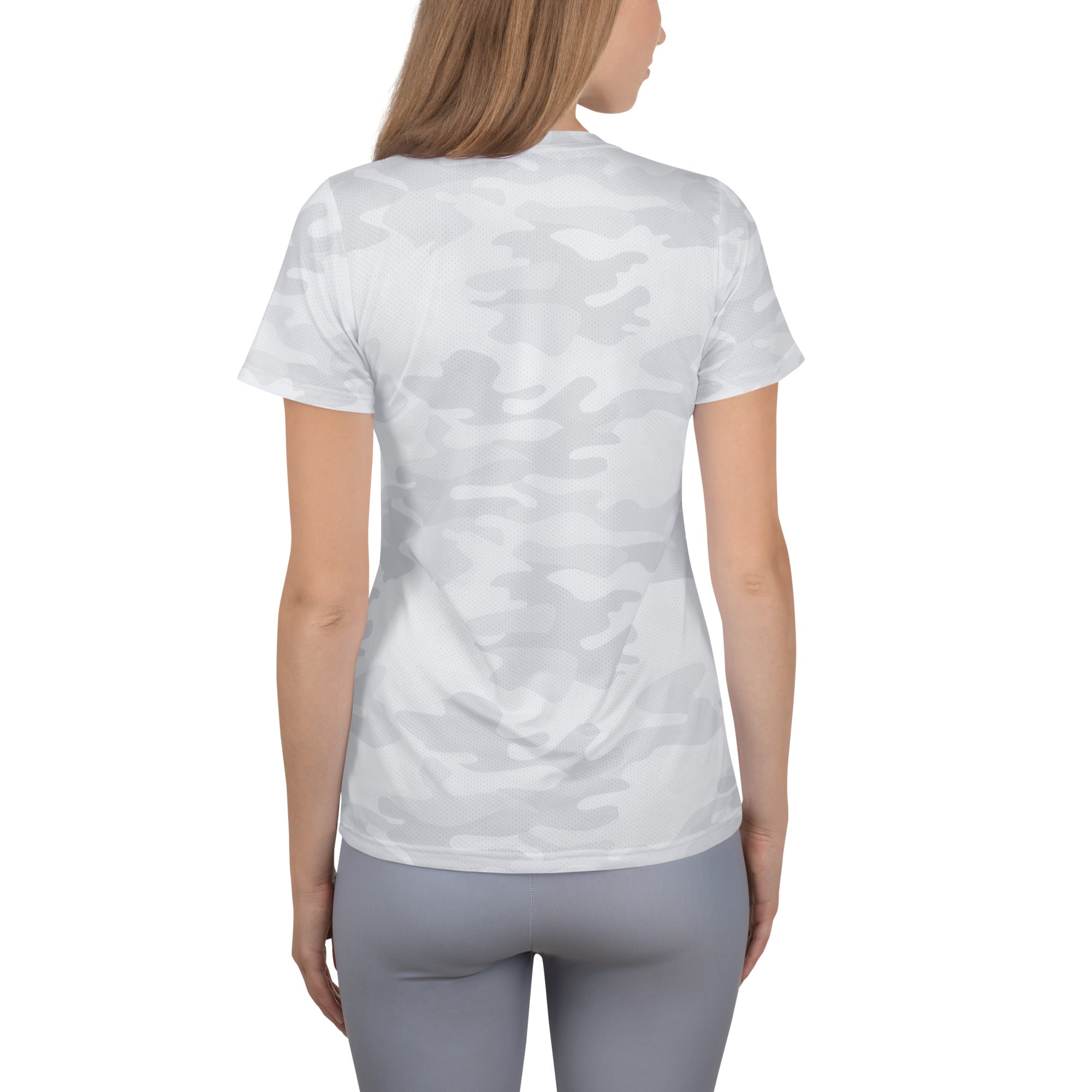 Women’s white short-sleeved performance t-shirt with subtle gray camouflage pattern lightweight moisture wicking upf 50+