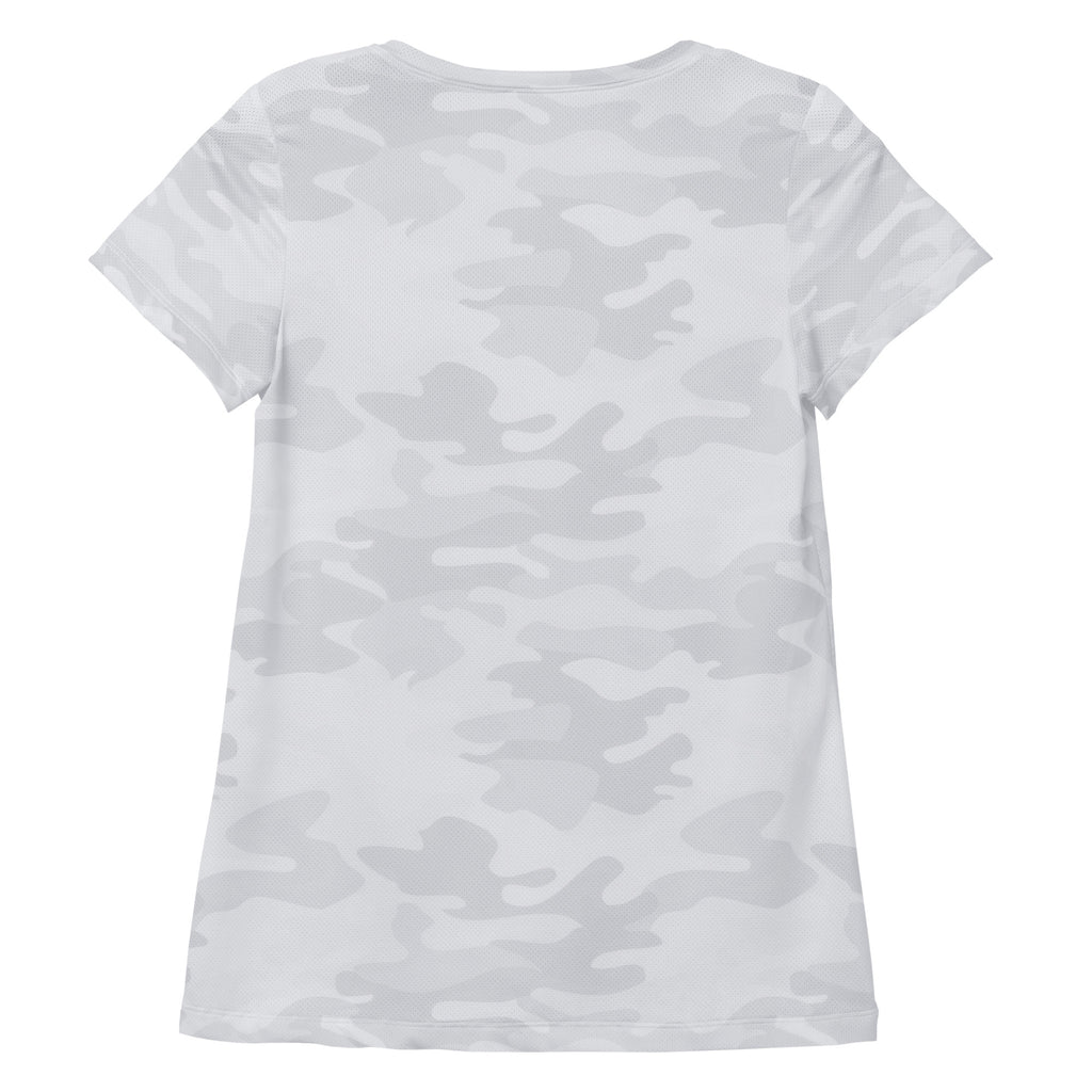 Women’s white performance athletic t-shirt with subtle gray camouflage pattern lightweight moisture wicking top