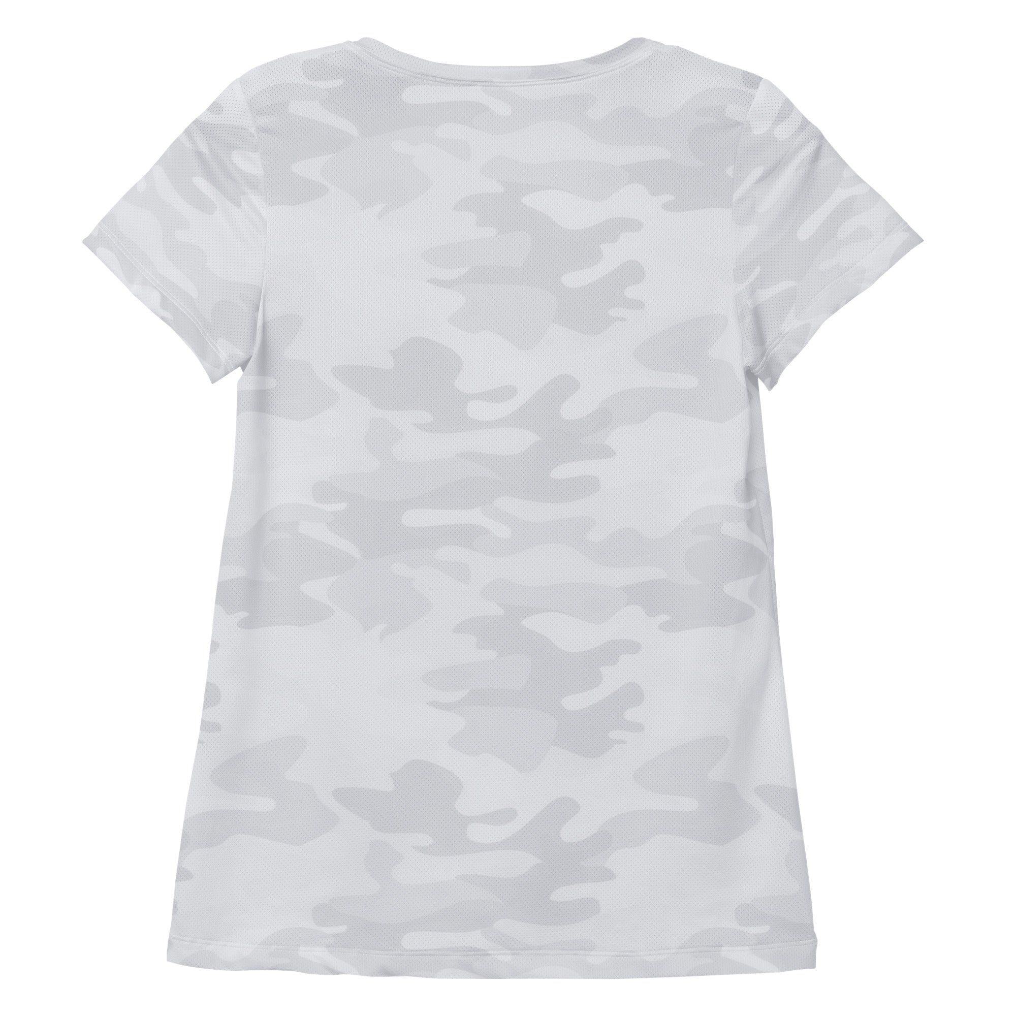 Women’s white performance athletic t-shirt with subtle gray camouflage pattern lightweight moisture wicking top