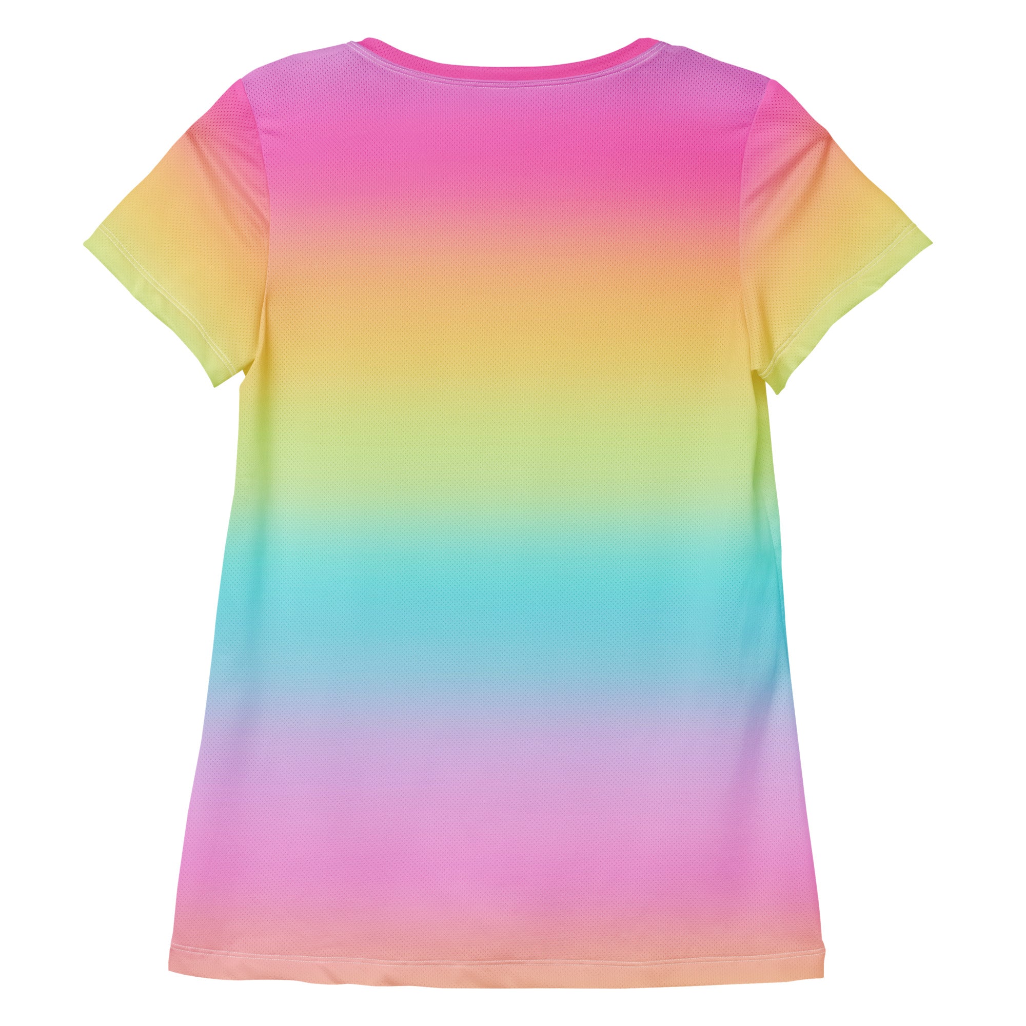 A vibrant rainbow gradient women’s short-sleeved performance t-shirt with smooth seamless fabric and UPF 50 plus protection