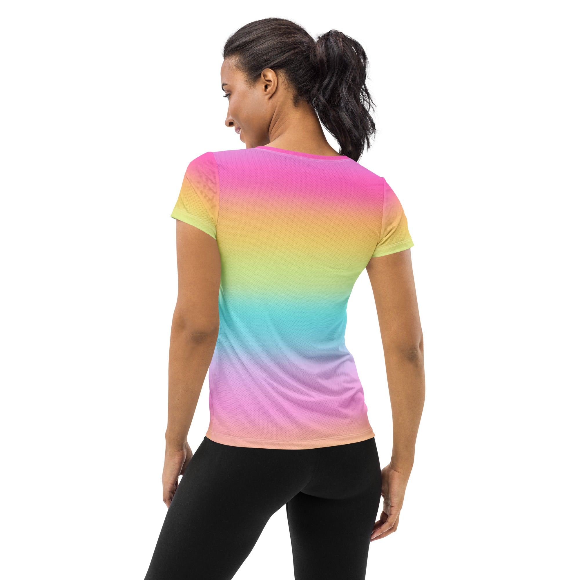 Women’s bright rainbow performance athletic t-shirt with smooth stretchy fabric for lightweight moisture wicking workouts