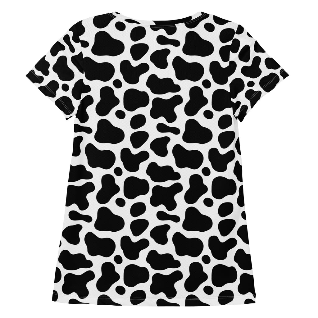 Women’s black and white cow print short-sleeved performance athletic t-shirt with moisture wicking and upf 50+ protection