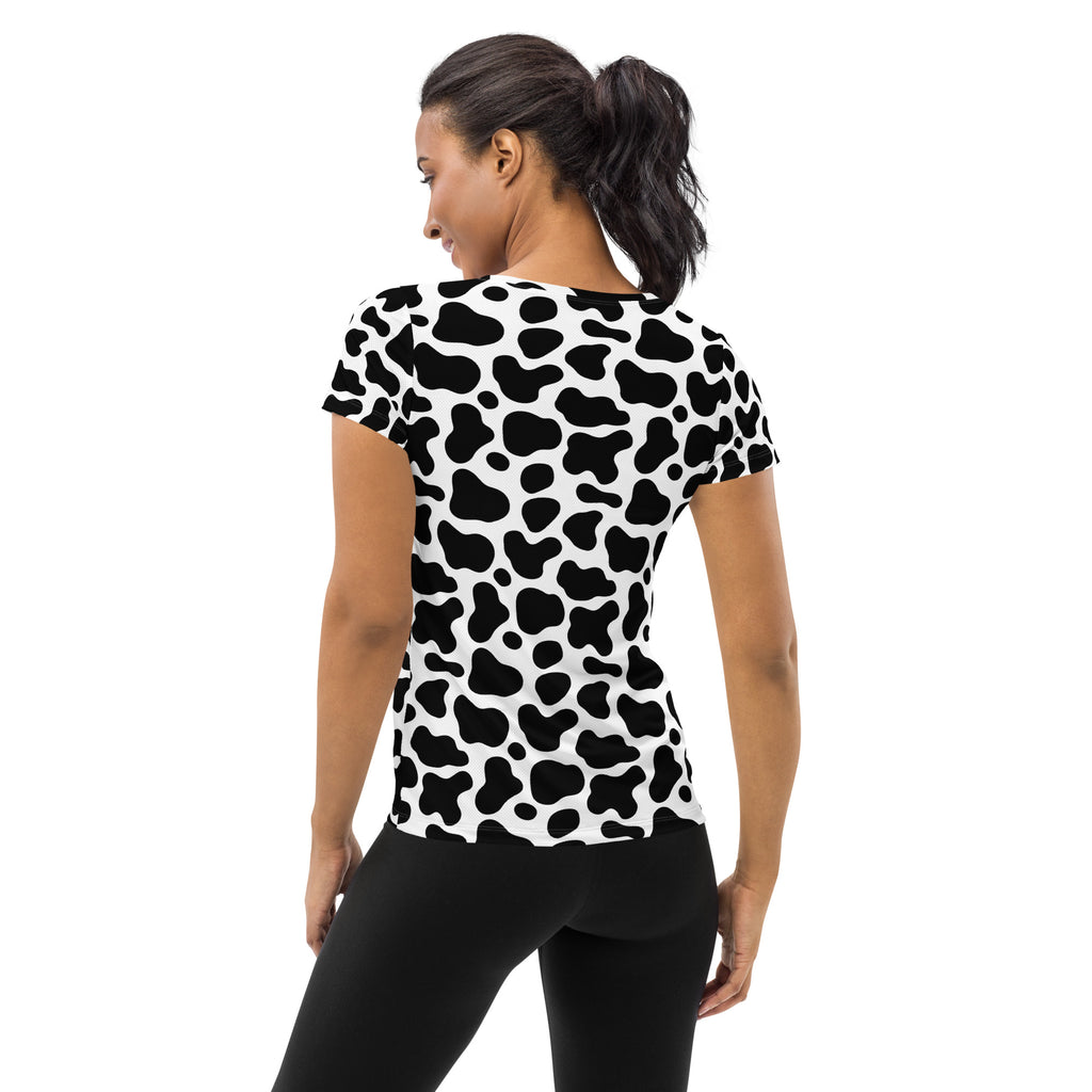 Women’s lightweight moisture wicking black and white cow print short-sleeved athletic t-shirt with UPF 50+ for workouts