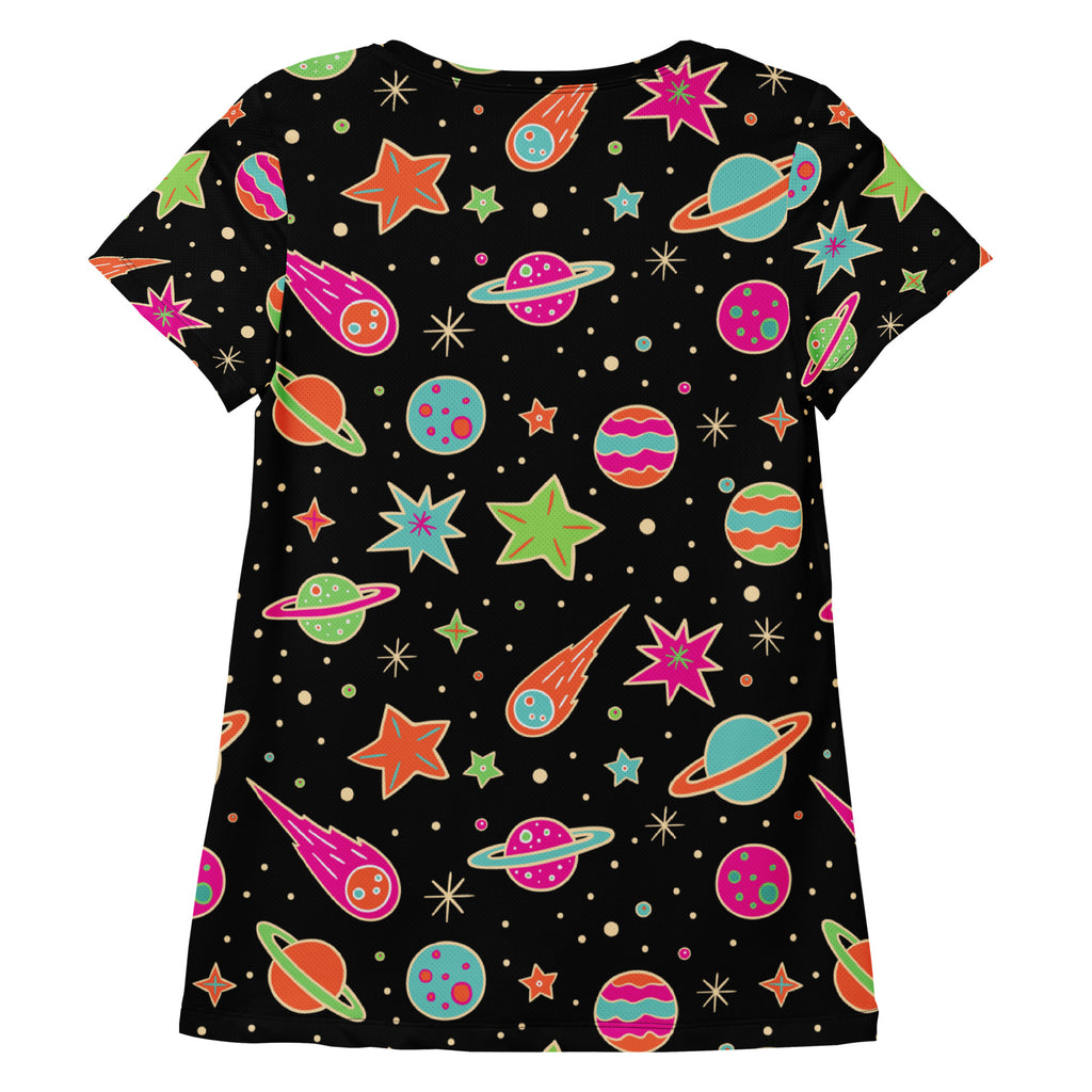 Women’s black short-sleeved retro galaxy t-shirt with vibrant space pattern, lightweight moisture wicking and UPF 50+ protection