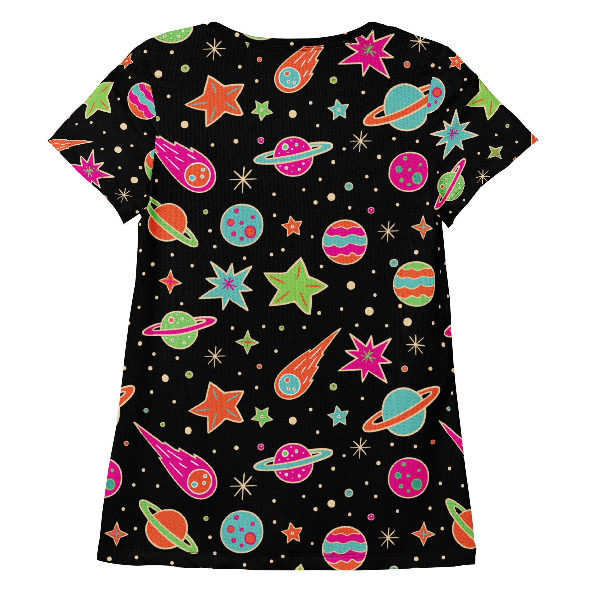 Women’s black short-sleeved retro galaxy t-shirt with vibrant space pattern, lightweight moisture wicking and UPF 50+ protection
