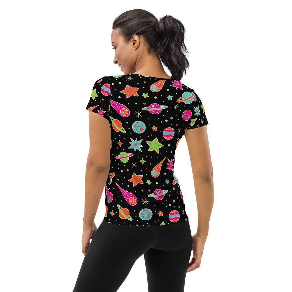 Women’s retro galaxy black short-sleeved moisture-wicking athletic t-shirt with vibrant space-themed neon print and UPF 50+