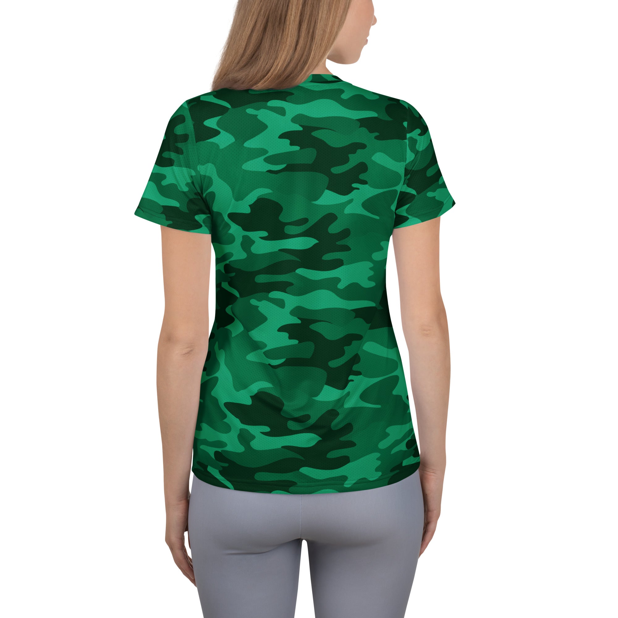 Women’s green camouflage performance athletic t-shirt with short sleeves lightweight moisture wicking fabric and UPF 50+