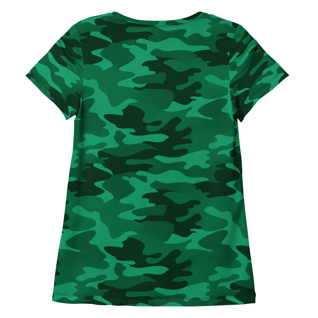 Women’s green camouflage performance athletic t-shirt with short sleeves lightweight moisture wicking fabric