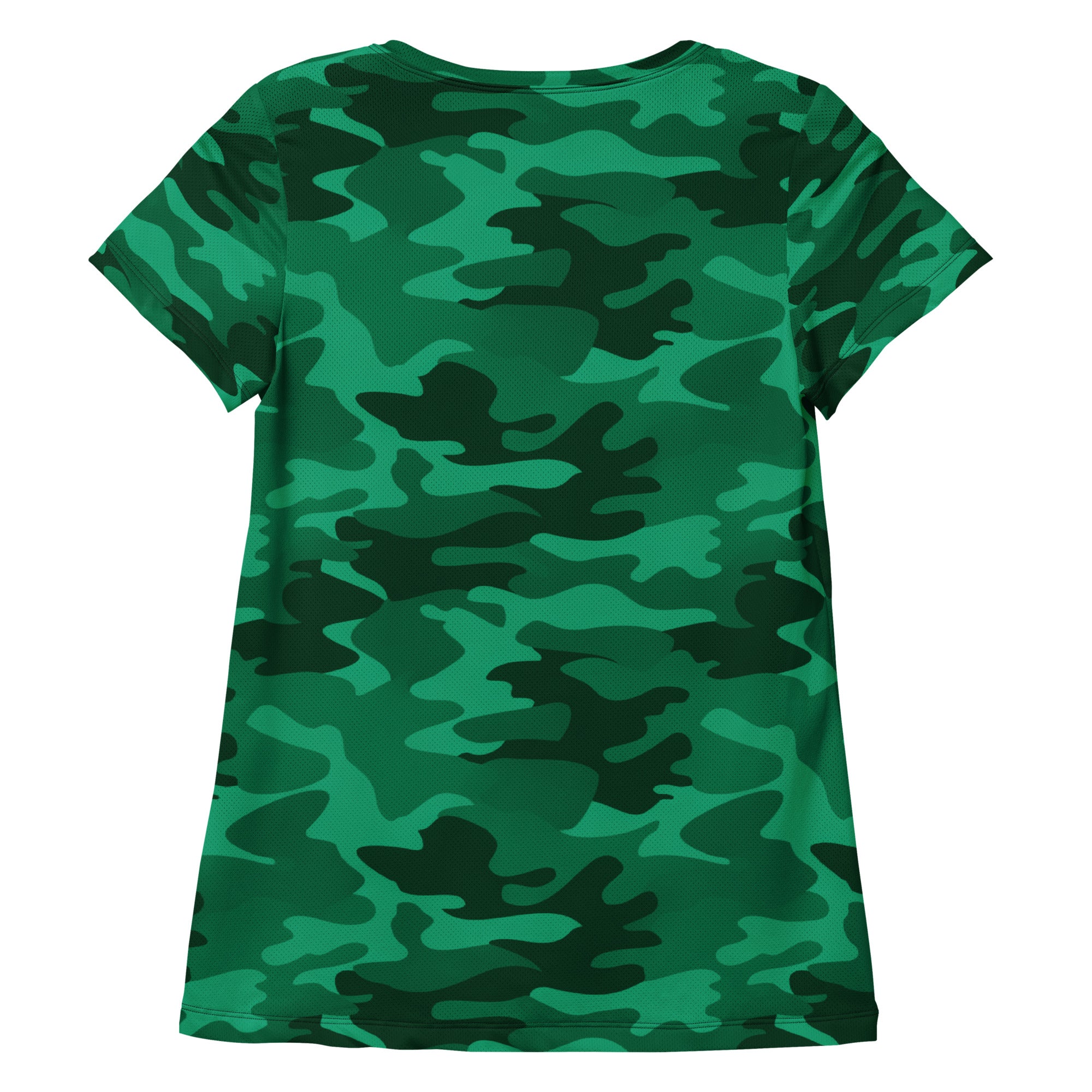 Women’s green camouflage performance athletic t-shirt with short sleeves lightweight moisture wicking fabric
