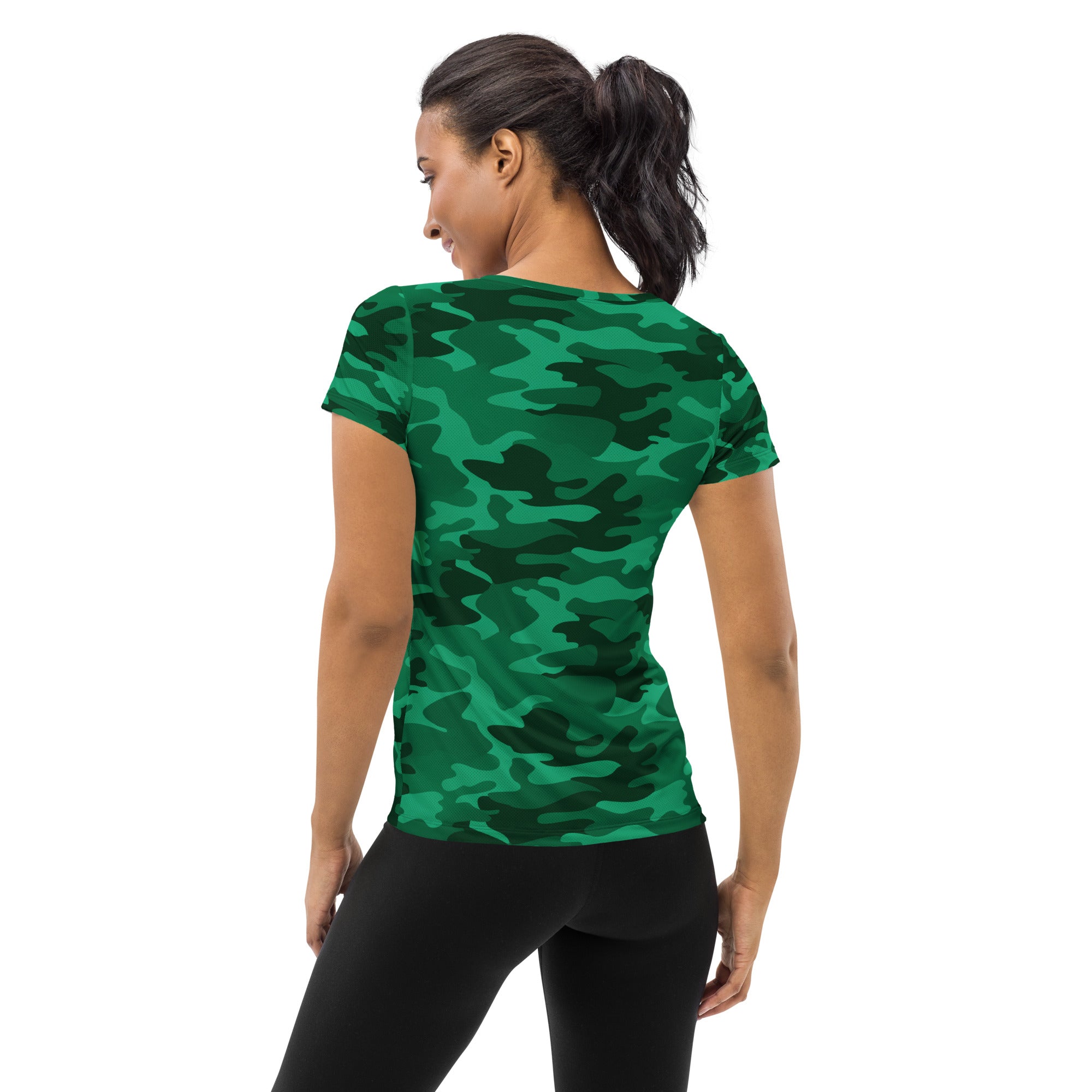 Women’s green camouflage performance short-sleeved t-shirt with lightweight moisture wicking fabric and UPF 50 plus protection