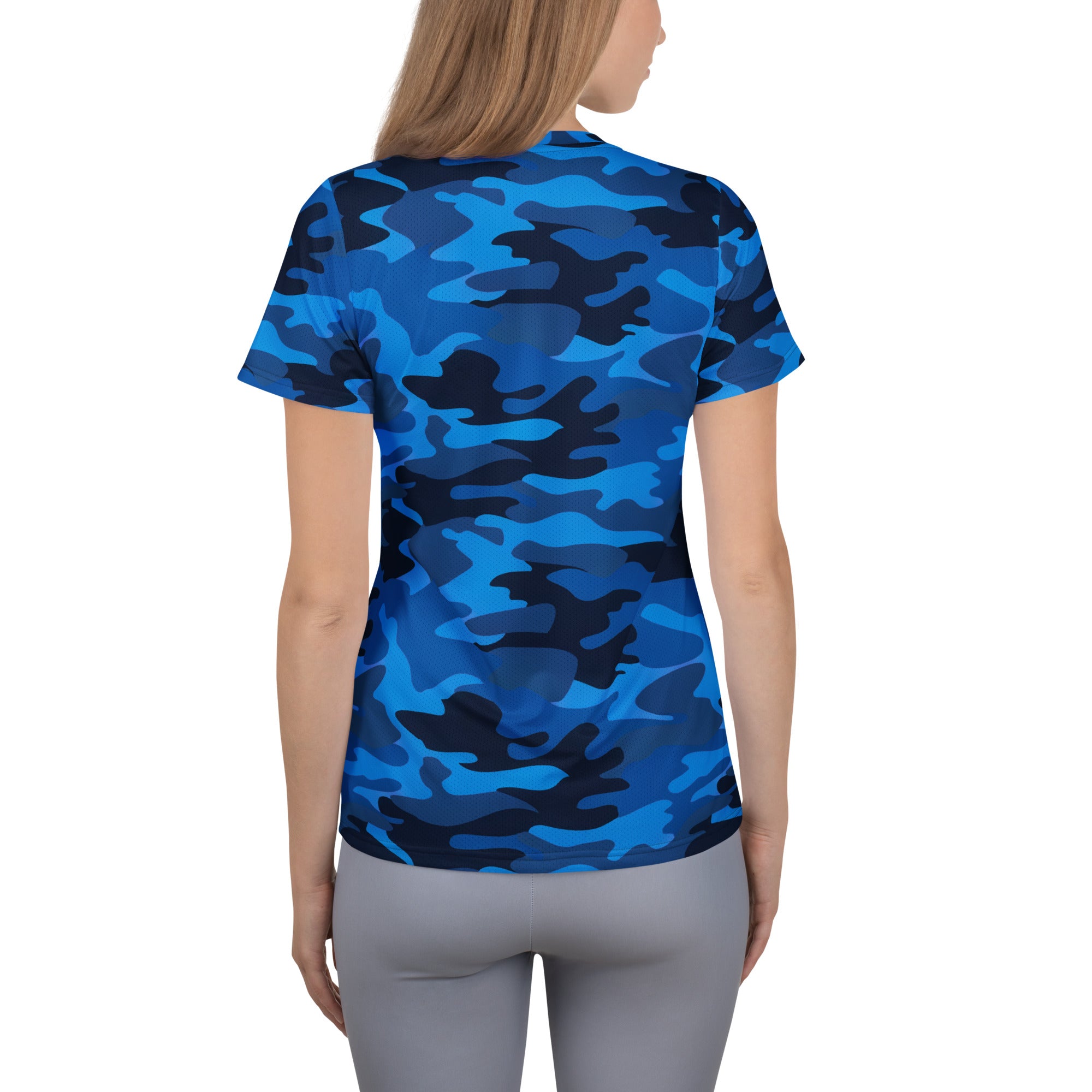 Women’s blue and black camouflage performance athletic t-shirt with short sleeves lightweight moisture wicking fabric