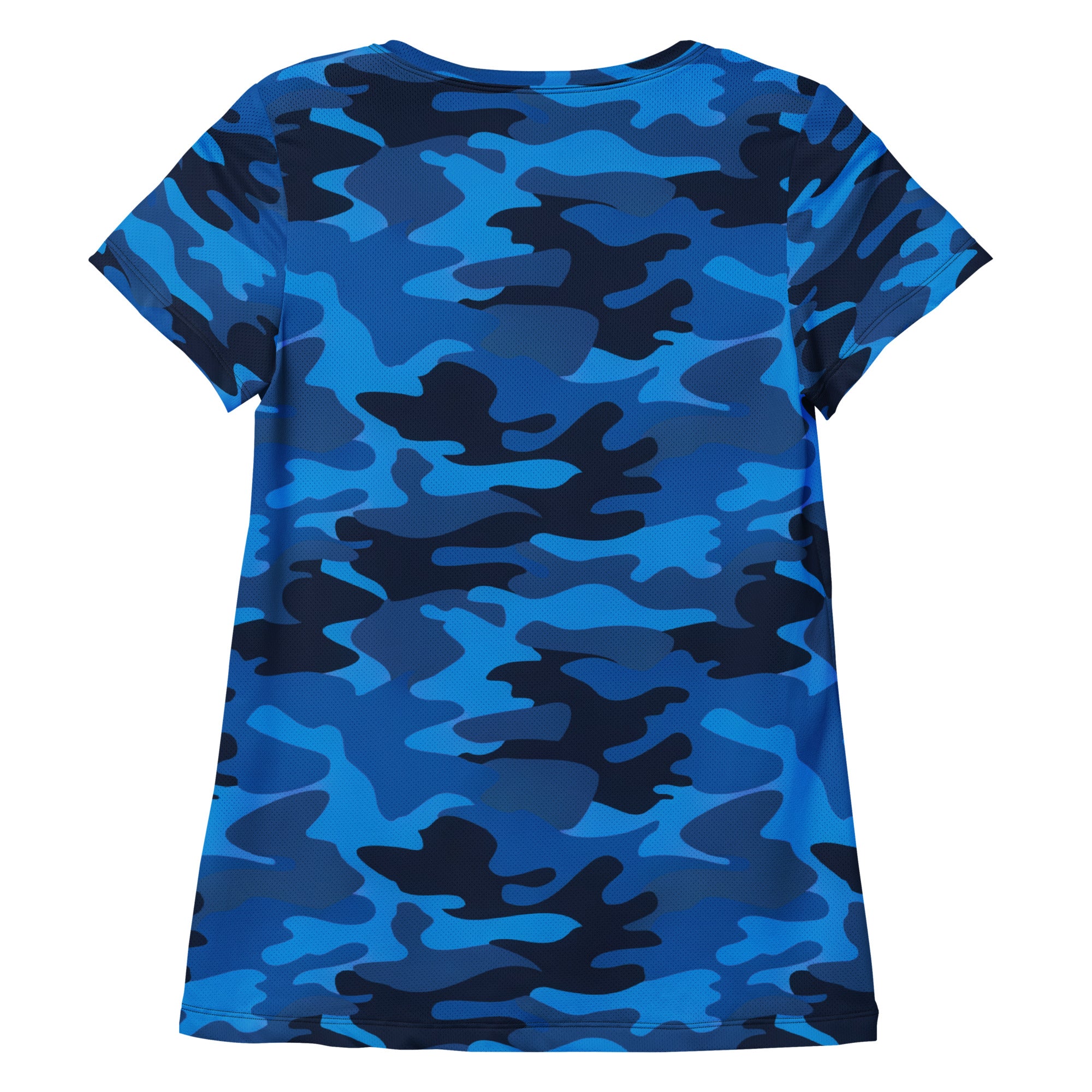Women’s blue camouflage short-sleeved performance t-shirt with lightweight moisture wicking fabric and upf 50+ protection