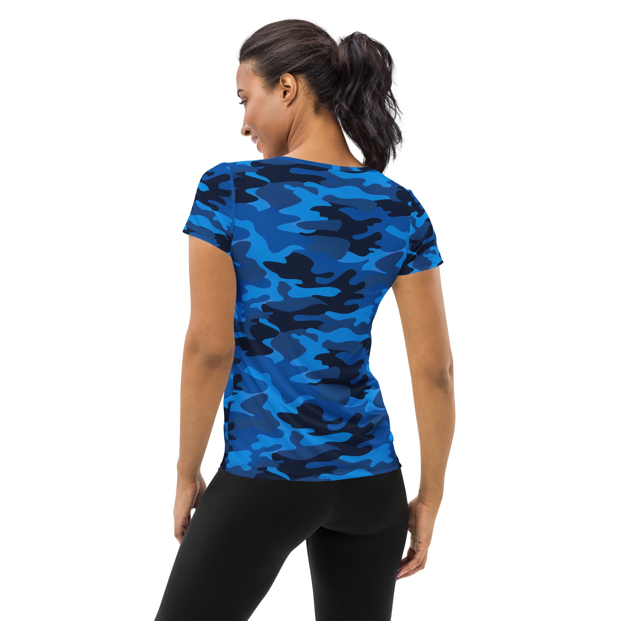 Women’s blue and black camouflage performance athletic t-shirt with lightweight moisture wicking fabric and upf 50+ protection