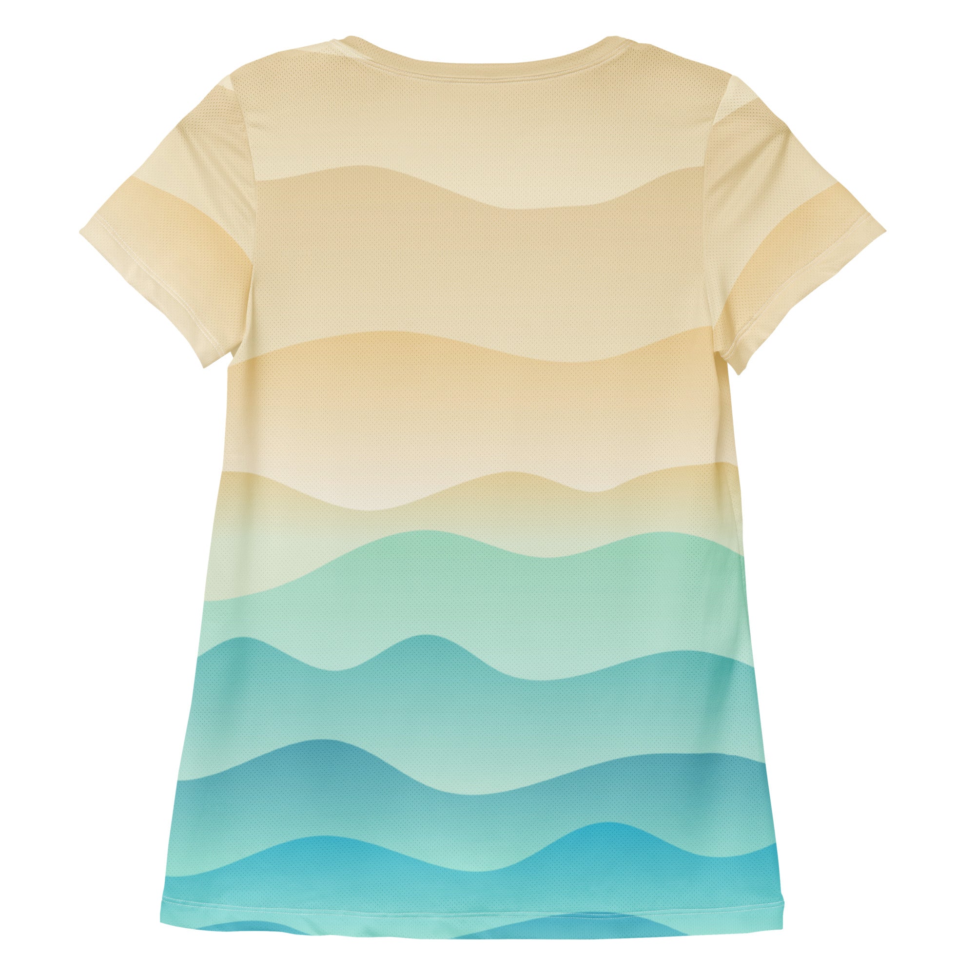 Women’s short-sleeved performance athletic t-shirt with beige to light blue gradient wavy stripes and UPF 50+ sun protection
