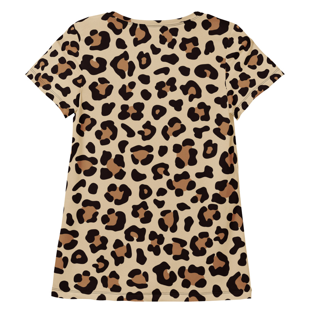 Beige leopard print short-sleeved performance athletic t-shirt with black and tan spots lightweight moisture wicking workout top with upf 50+