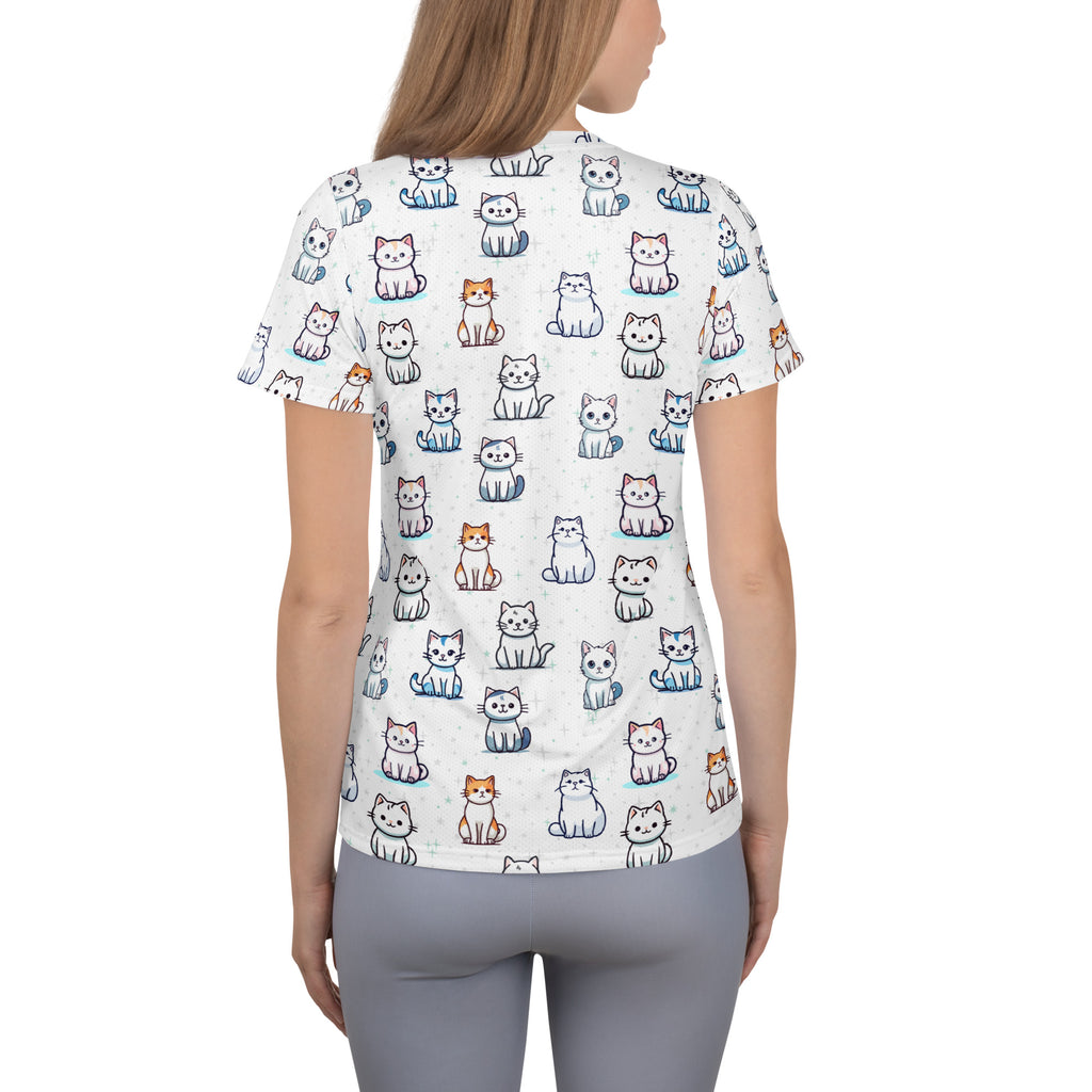 White women’s cat print performance athletic t-shirt with short sleeves moisture wicking lightweight fabric and upf 50+ protection