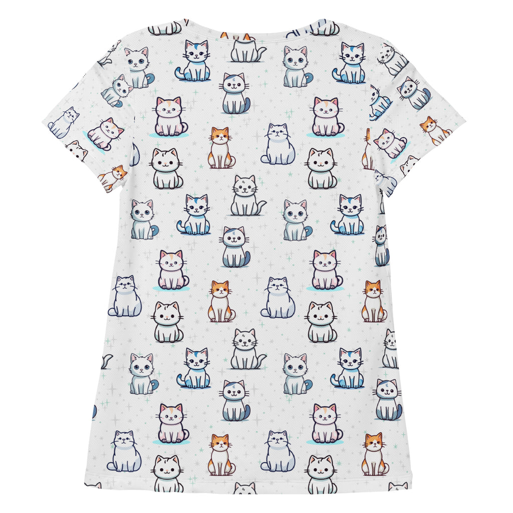 White women’s cat print performance athletic t-shirt with playful cartoon cats, lightweight moisture wicking fabric and UPF 50+