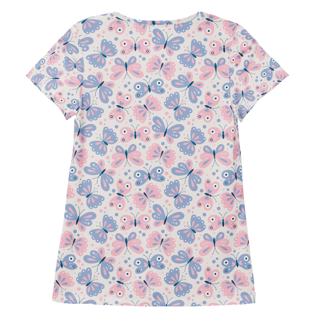Women’s lightweight moisture wicking athletic t-shirt with pastel pink and lavender butterfly print on cream background
