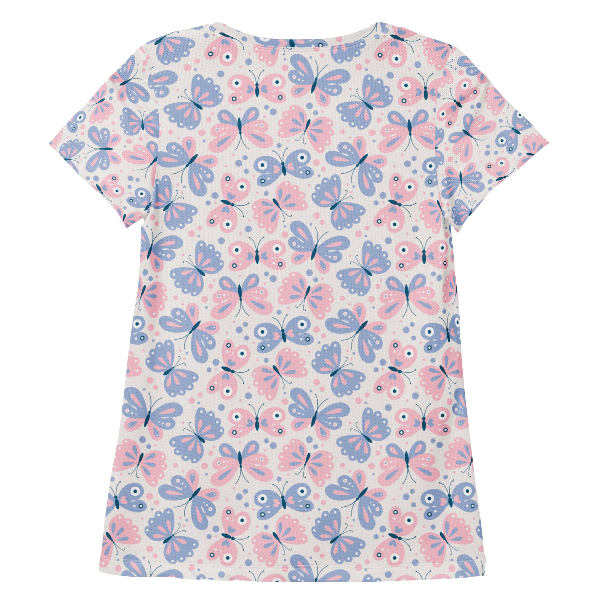 Women’s lightweight moisture wicking athletic t-shirt with pastel pink and lavender butterfly print on cream background