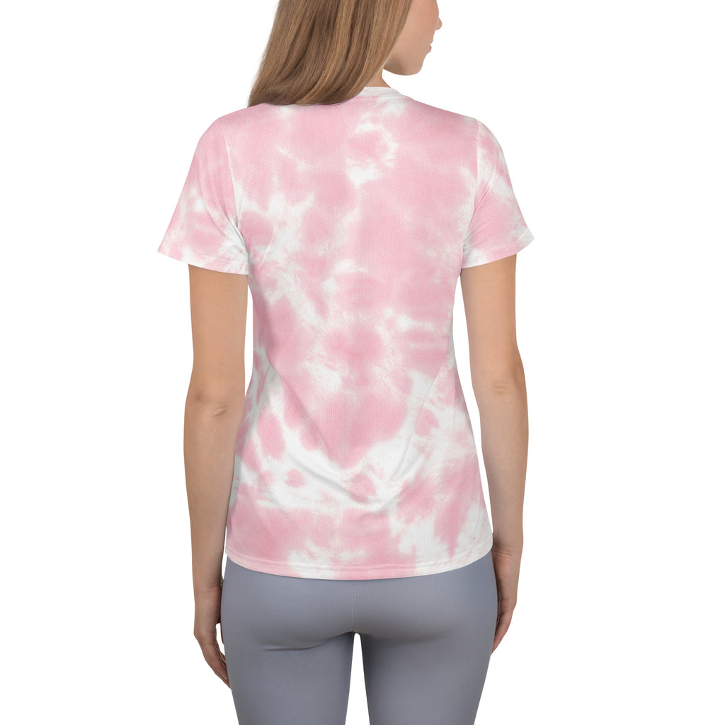 Women’s pink and white tie dye short sleeve performance athletic t shirt with lightweight moisture wicking fabric