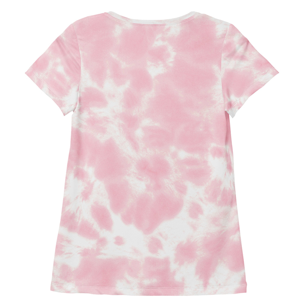 Women’s pink and white tie dye performance athletic t-shirt with short sleeves lightweight moisture wicking fabric