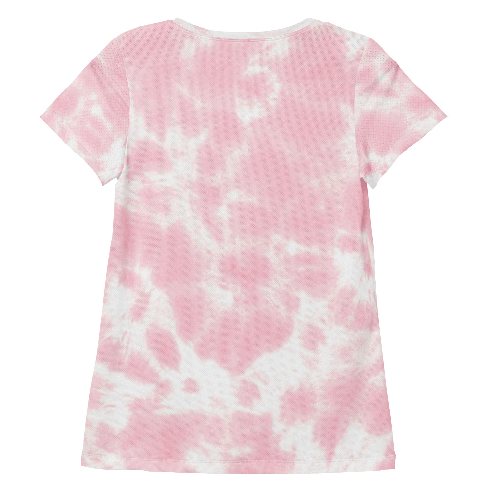Women’s pink and white tie dye performance athletic t-shirt with short sleeves lightweight moisture wicking fabric