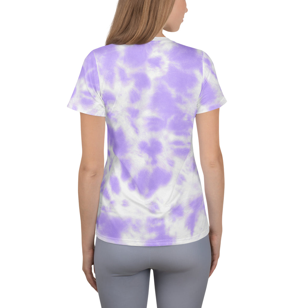 Women’s short-sleeved t-shirt in soft lavender and white tie-dye with lightweight moisture wicking fabric and UPF 50+