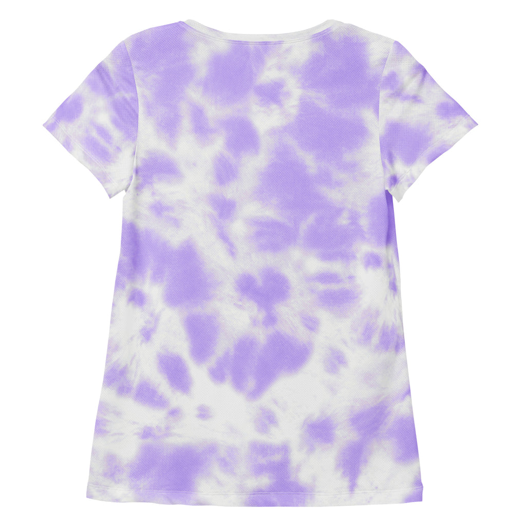 A soft lavender and white tie dye women’s short-sleeved athletic t-shirt with moisture wicking and UPF 50+ protection