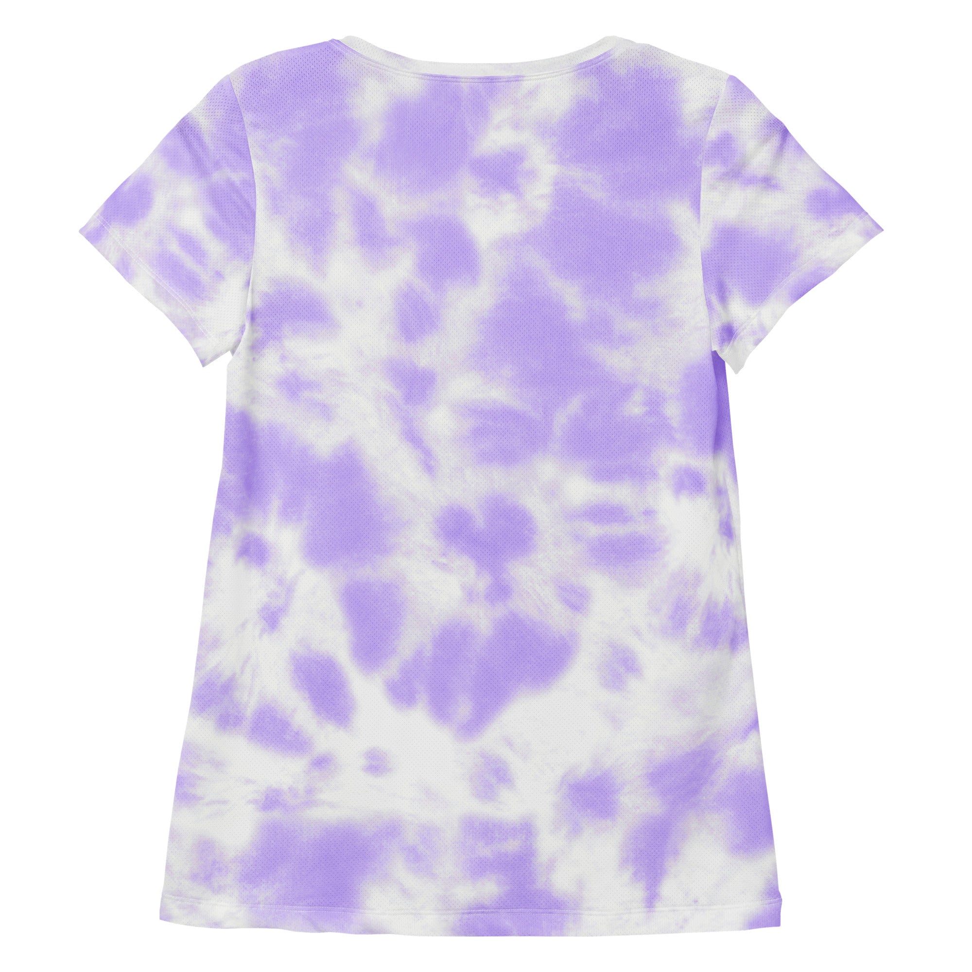 A soft lavender and white tie dye women’s short-sleeved athletic t-shirt with moisture wicking and UPF 50+ protection