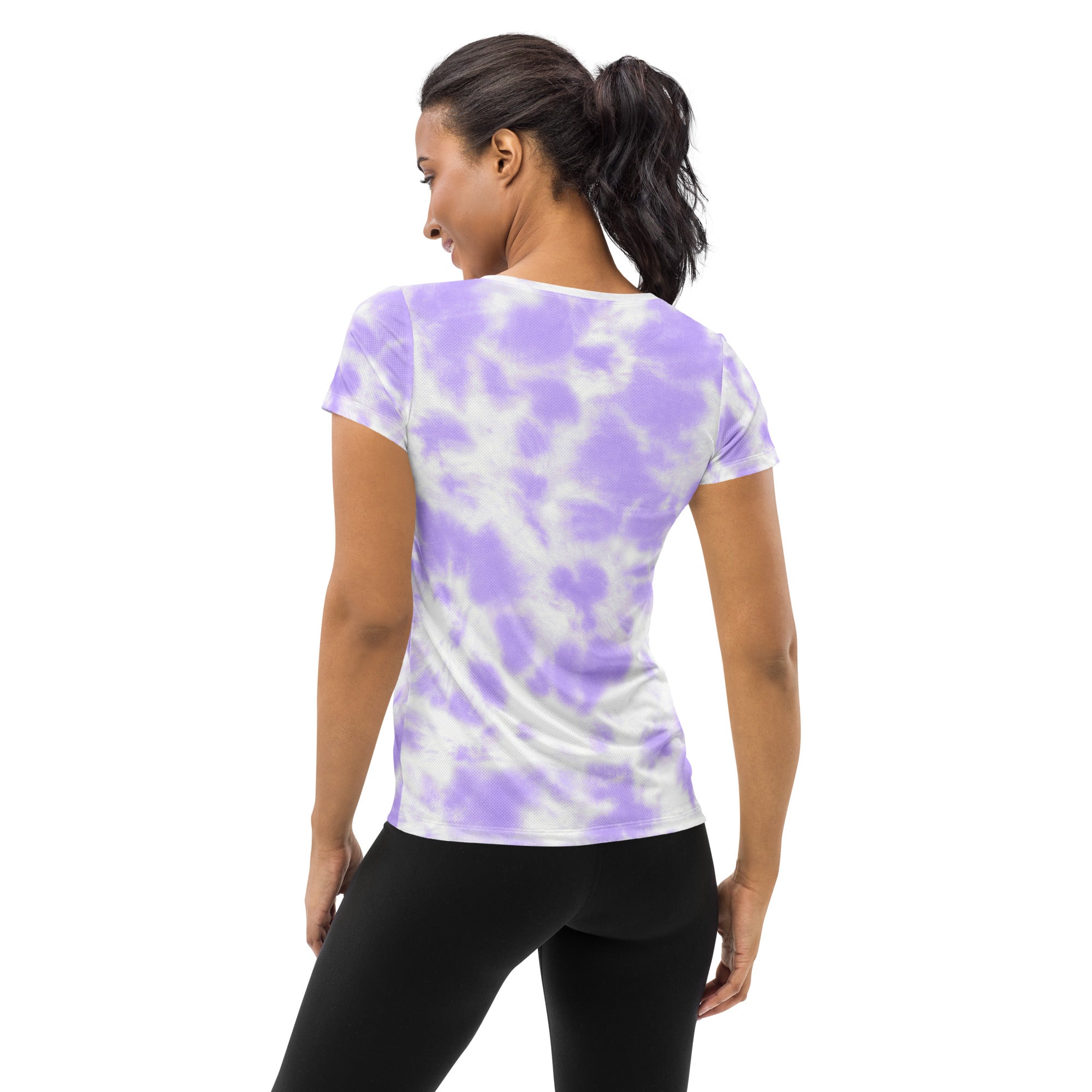 Women’s purple tie dye short-sleeved performance t-shirt made from soft moisture-wicking fabric with upf 50+