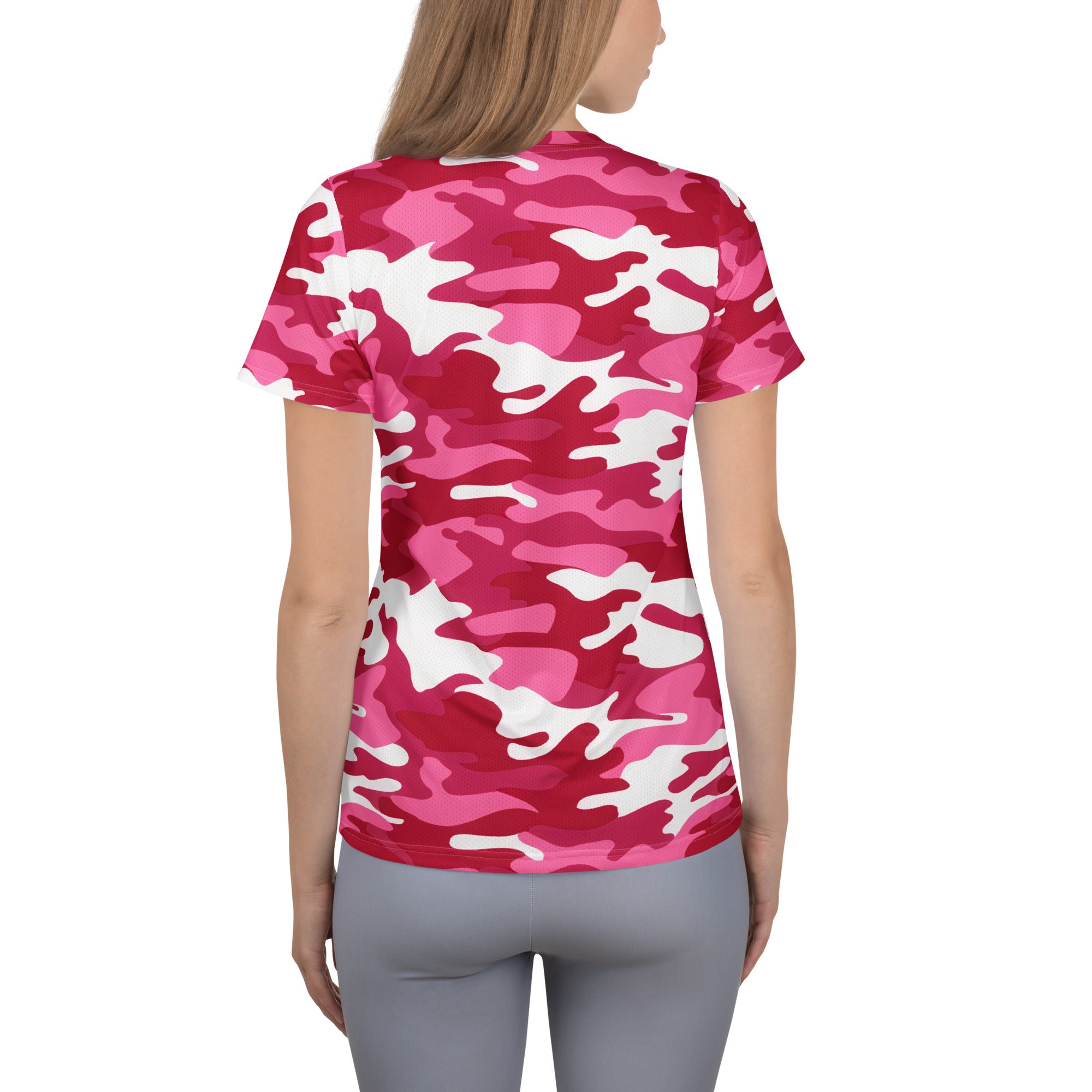 Women’s bright pink and white camouflage short-sleeved athletic t-shirt with moisture wicking and UPF 50 plus protection