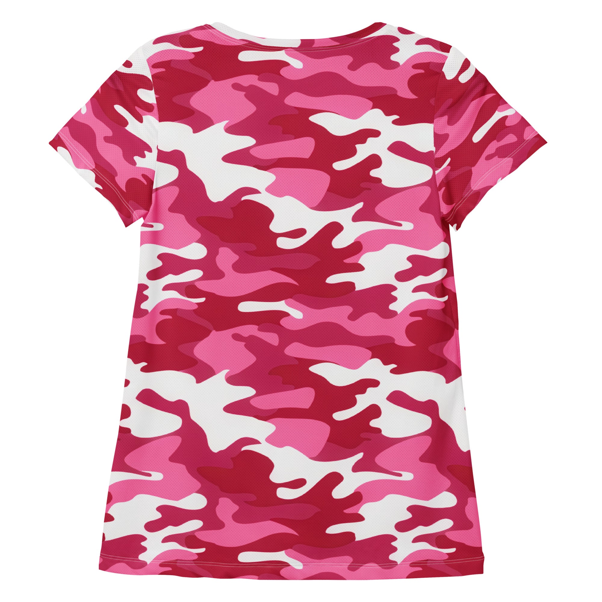 Women’s bright pink and white camouflage short-sleeved performance t-shirt with lightweight moisture wicking fabric and UPF 50+