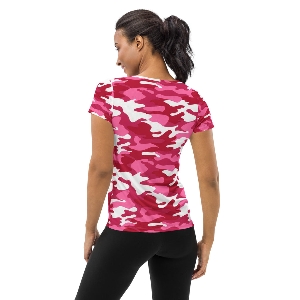 Women’s bright pink and white camouflage performance athletic t-shirt with lightweight moisture wicking fabric and UPF 50+ protection