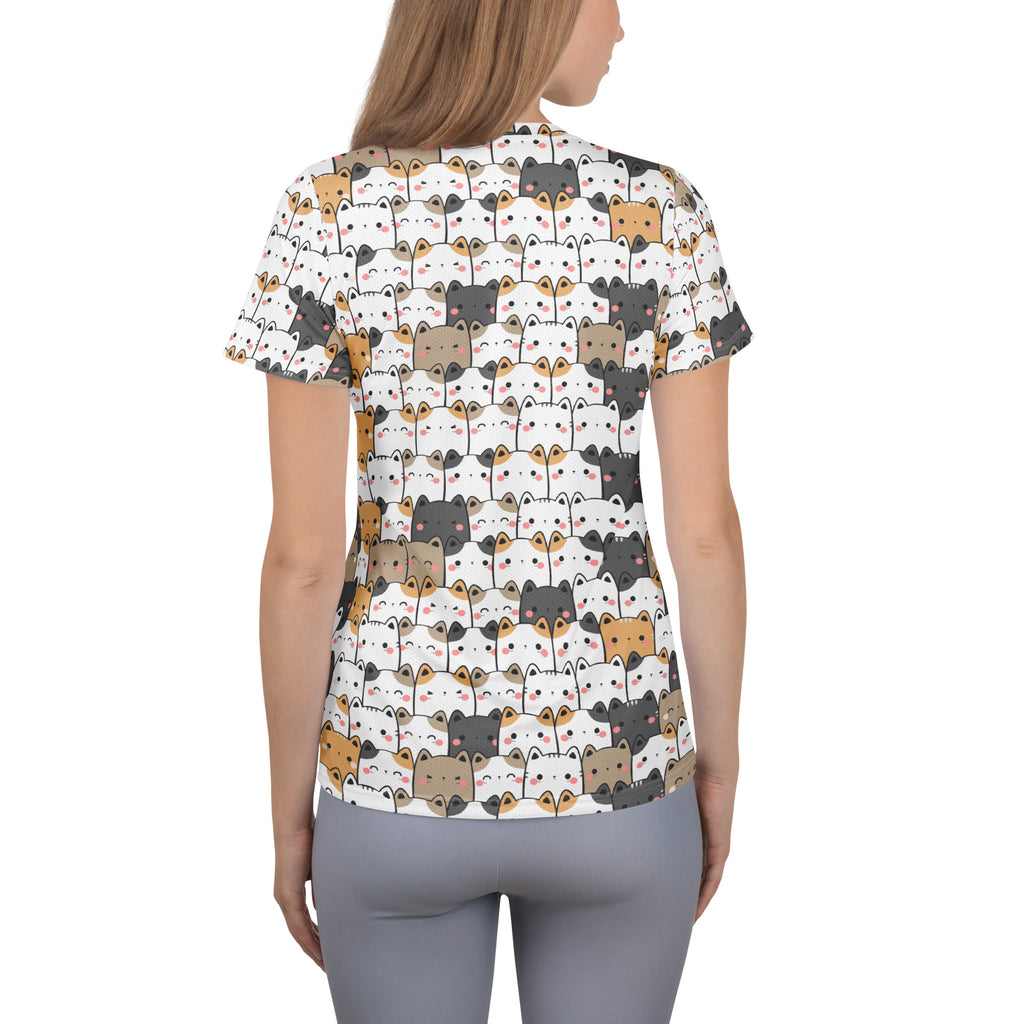 Women’s kawaii cat white short-sleeved performance t-shirt with colorful cartoon cats lightweight moisture wicking
