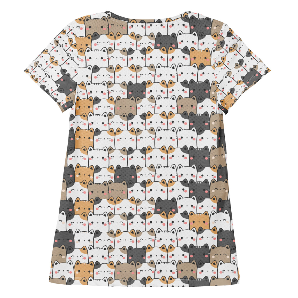 White short-sleeved kawaii cat performance athletic t-shirt with colorful cartoon cats and moisture wicking fabric