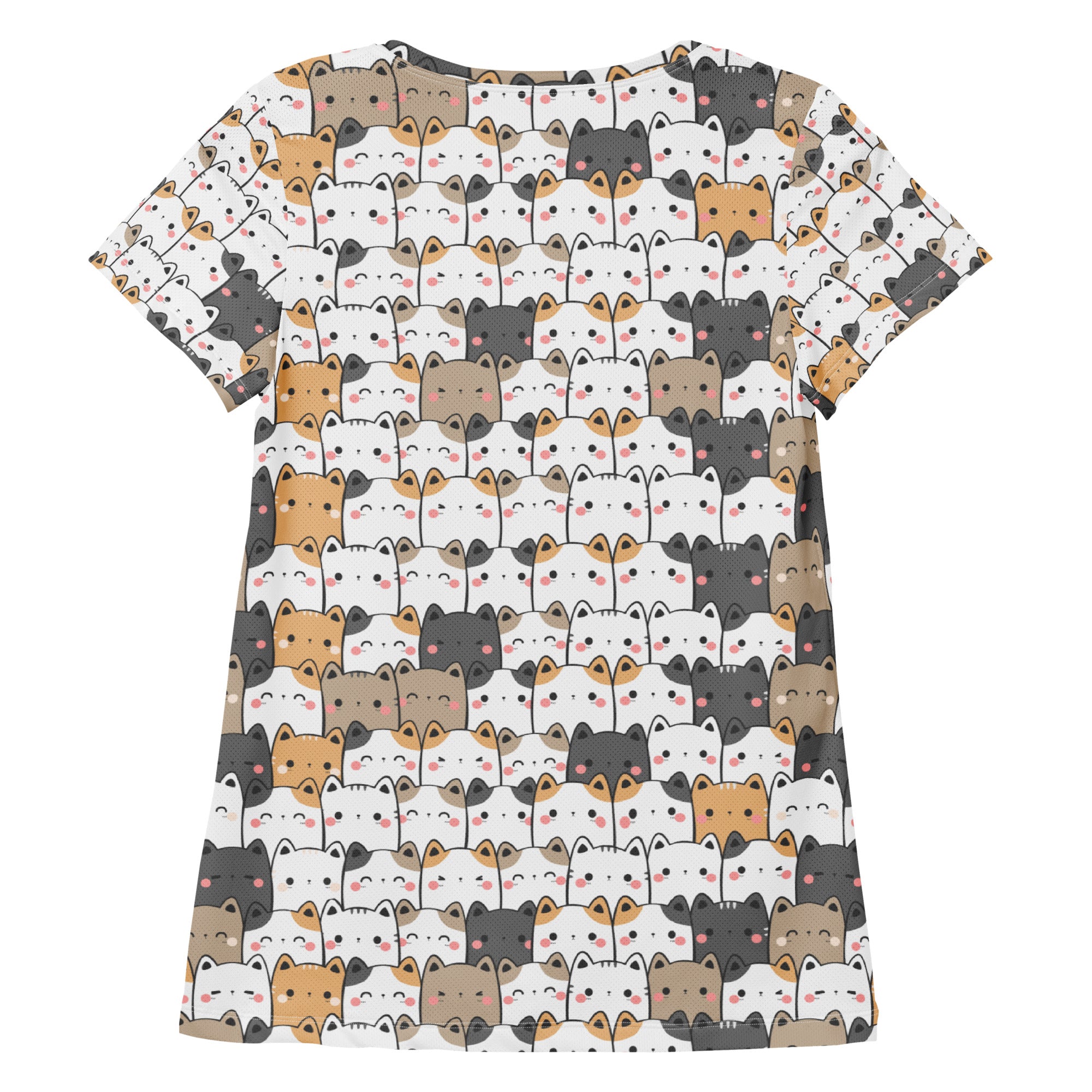 White short-sleeved kawaii cat performance athletic t-shirt with colorful cartoon cats and moisture wicking fabric