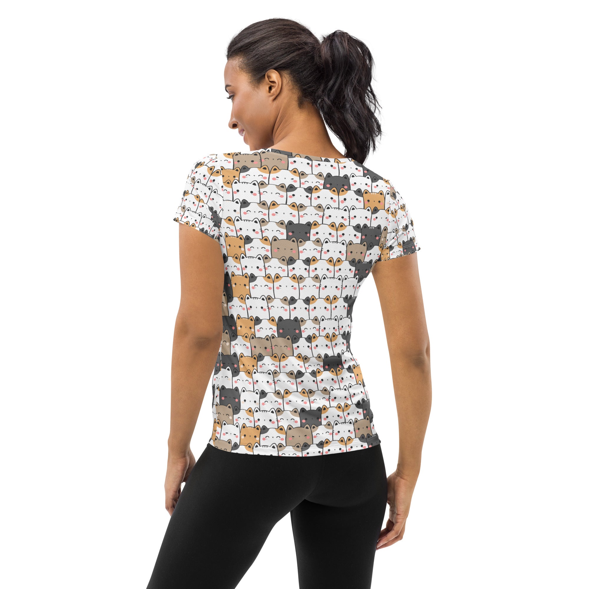 White short-sleeved women’s kawaii cat performance athletic t-shirt with colorful cartoon cats lightweight moisture wicking upf 50+