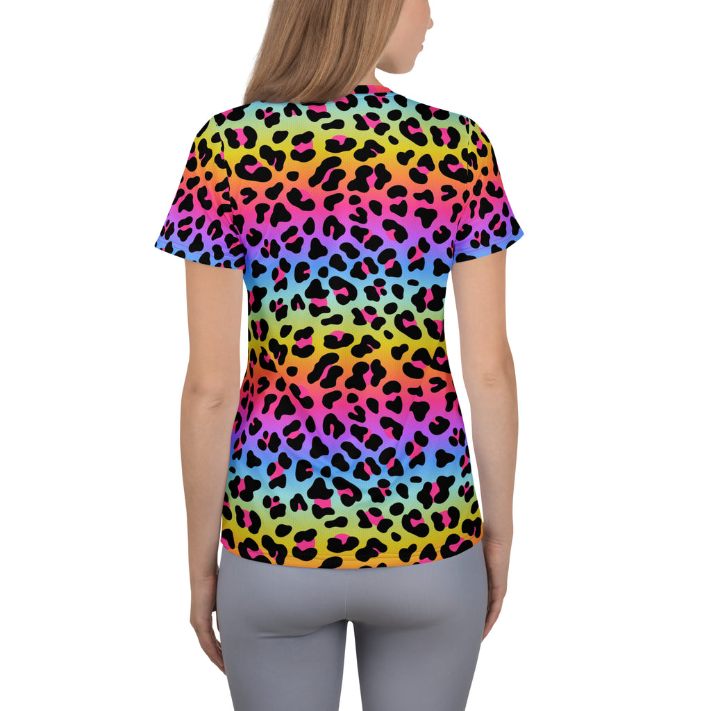 Women’s rainbow gradient leopard print performance short-sleeved t-shirt with lightweight moisture wicking fabric and UPF 50+