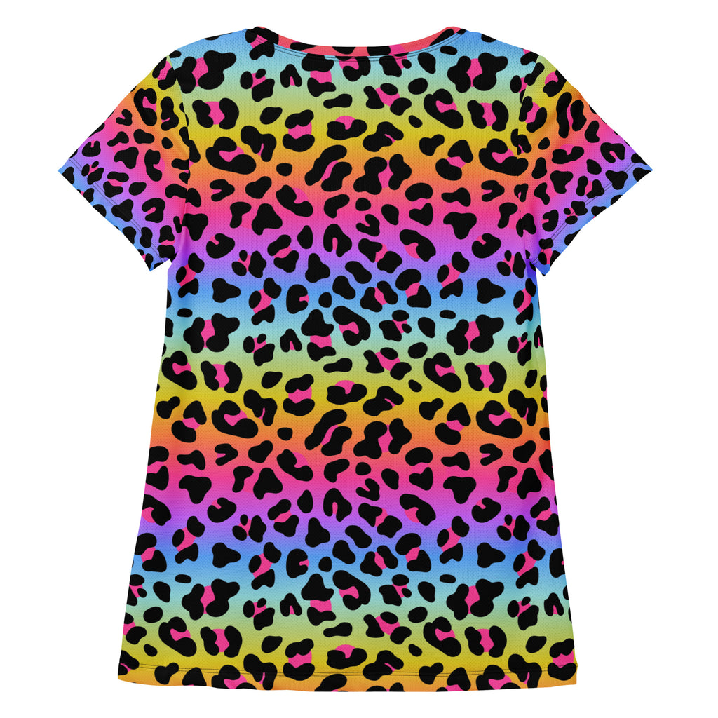 Women’s rainbow leopard print performance athletic t-shirt with moisture wicking fabric and UPF 50 plus in blue pink and yellow