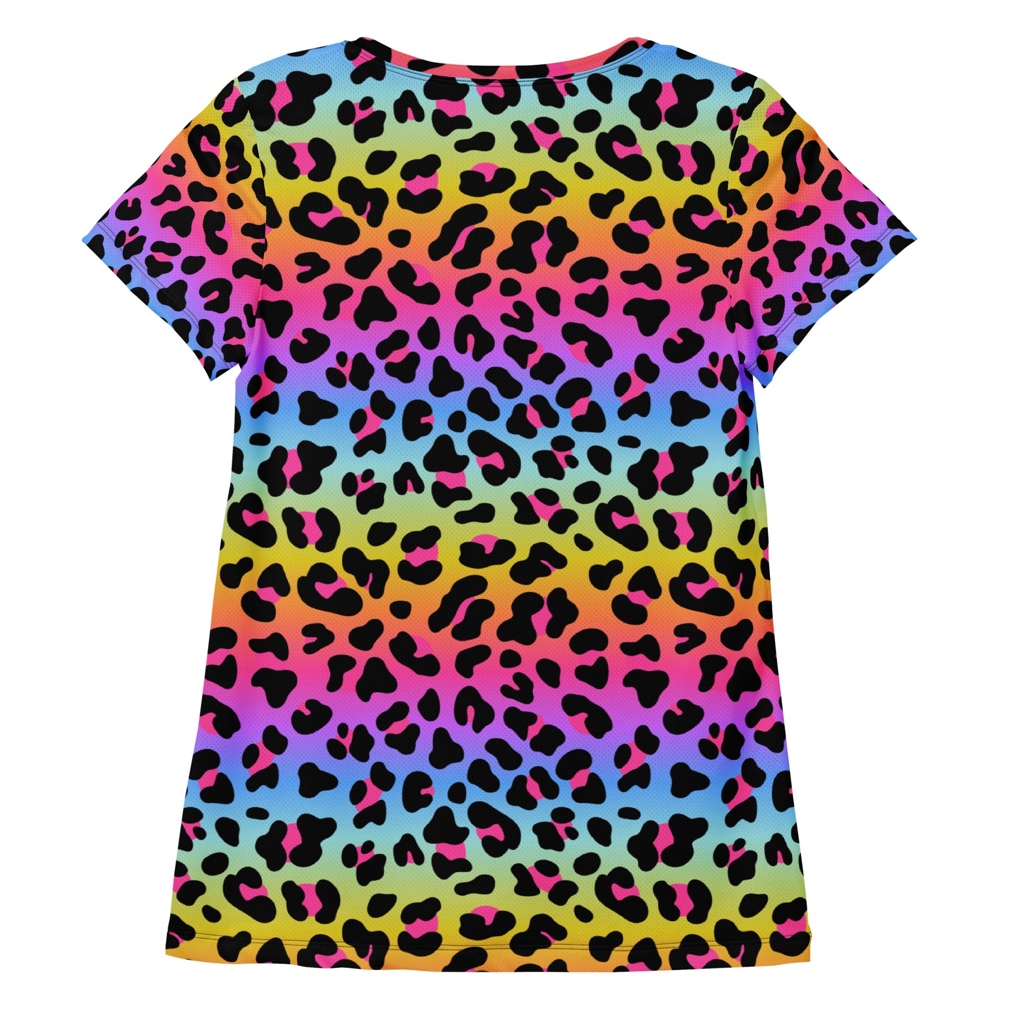 Women’s rainbow leopard print performance athletic t-shirt with moisture wicking fabric and UPF 50 plus in blue pink and yellow